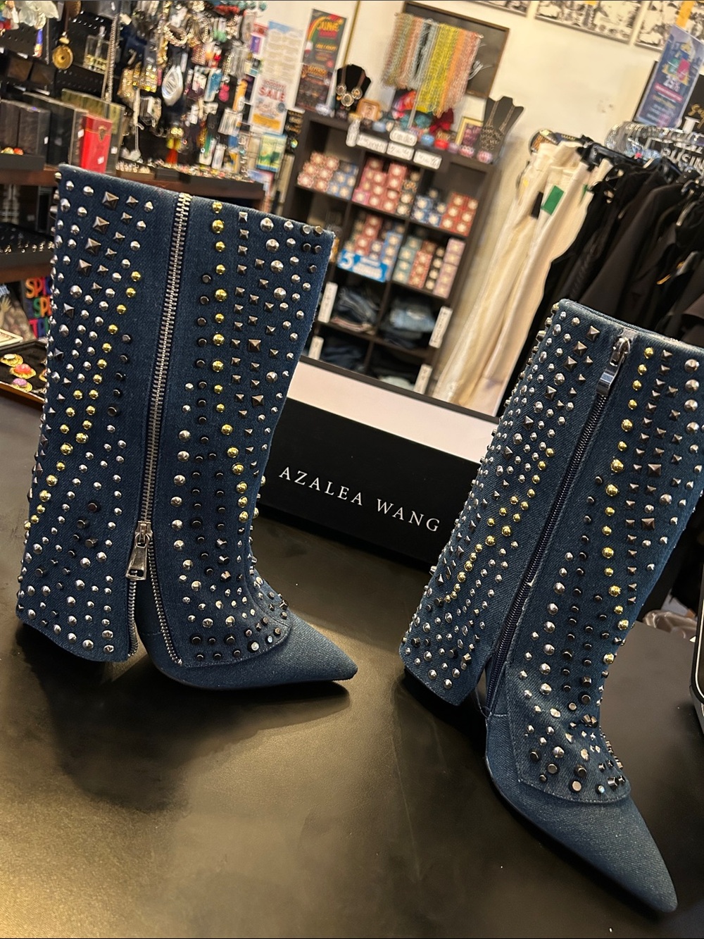 Azalea Wang Studded Denim Mid-Calf Boot - Blue with Mixed Metal Studs